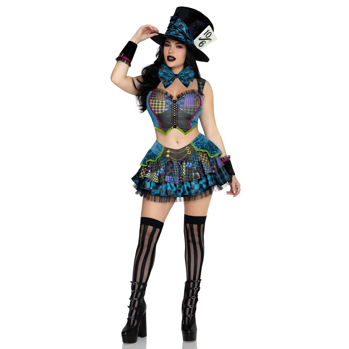 Front pose of patchwork mad hatter costume with top hat and bow tie - Golddiggers Boutique