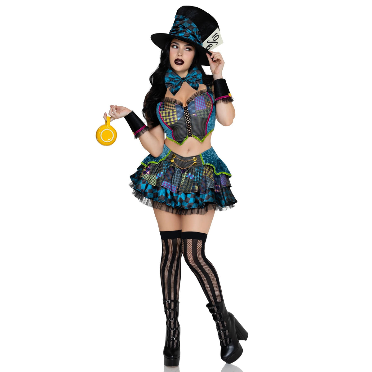 Front view of patchwork mad hatter costume with top hat and bow tie - Golddiggers Boutique