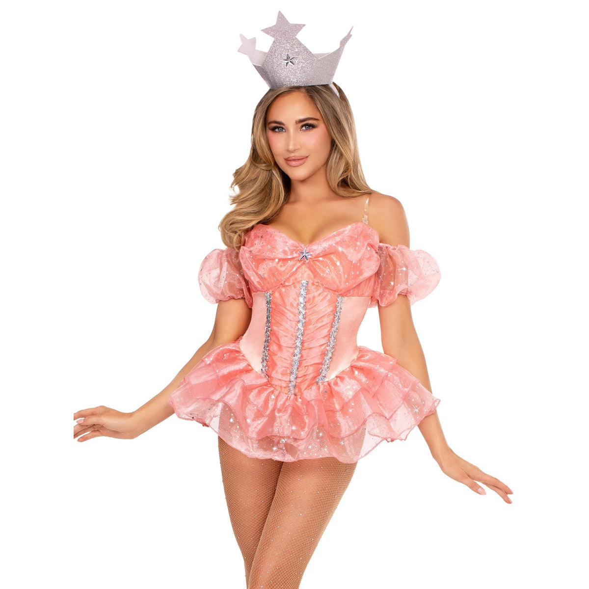 Close front pose of peach good witch costume with tiered organza skirt and crown - Golddiggers Boutique