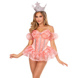 Close front pose of peach good witch costume with tiered organza skirt and crown - Golddiggers Boutique