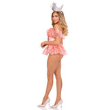 Side view of peach good witch costume with tiered organza skirt and crown - Golddiggers Boutique