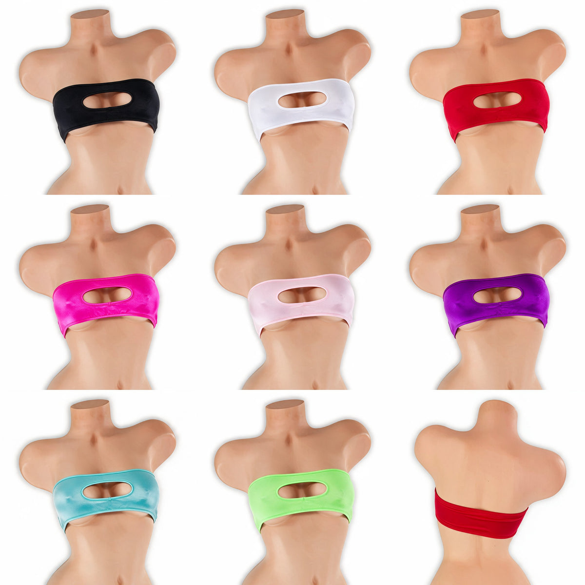 Peekaboo bandeau top on mannequin in all 8 colors, Golddiggers Boutique
