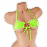Peridot neon green adjustable center tie top with center tie on mannequin, front view, Golddiggers Boutique
