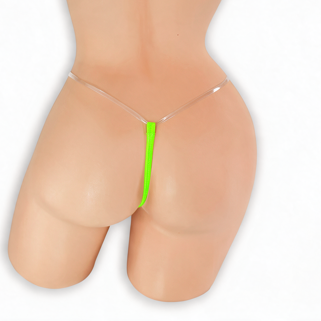 Peridot neon green clear strap g-string on mannequin, back view, Golddiggers Boutique