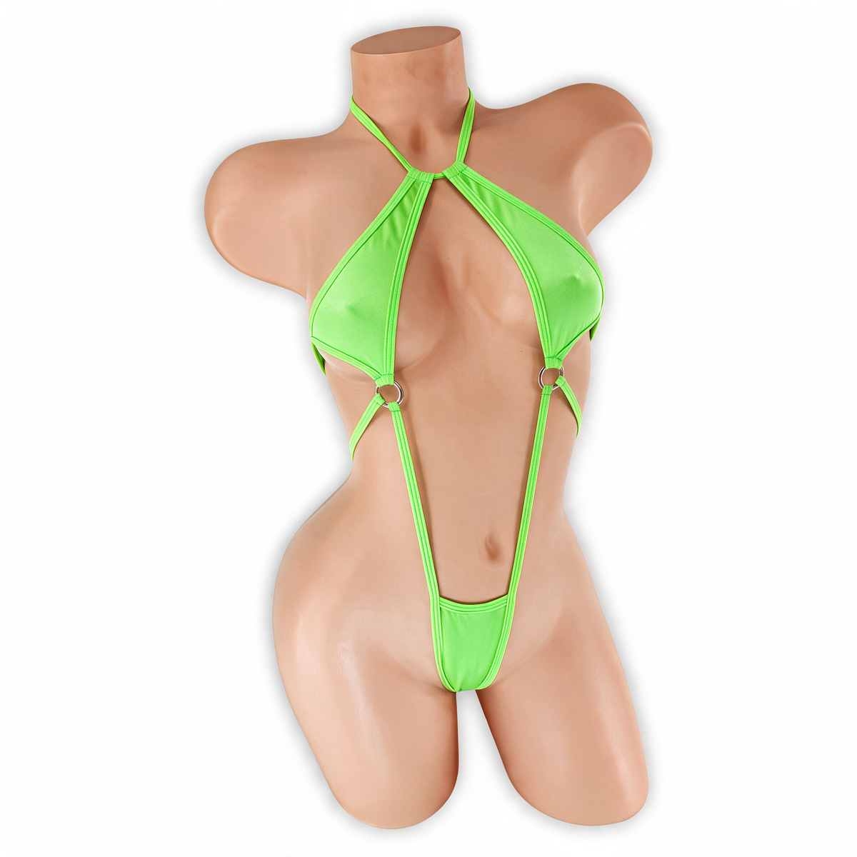 Peridot neon green Desiree double O-ring halter bodysuit, front, Golddiggers Boutique