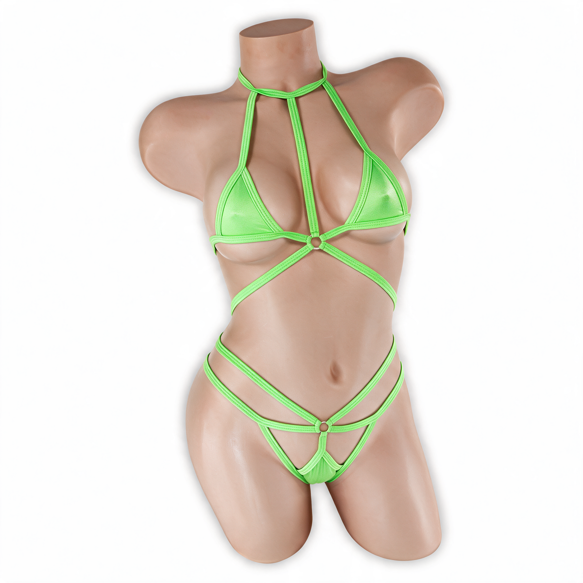 Peridot neon green Dolly Choker Micro Bodysuit, front, Golddiggers Boutique