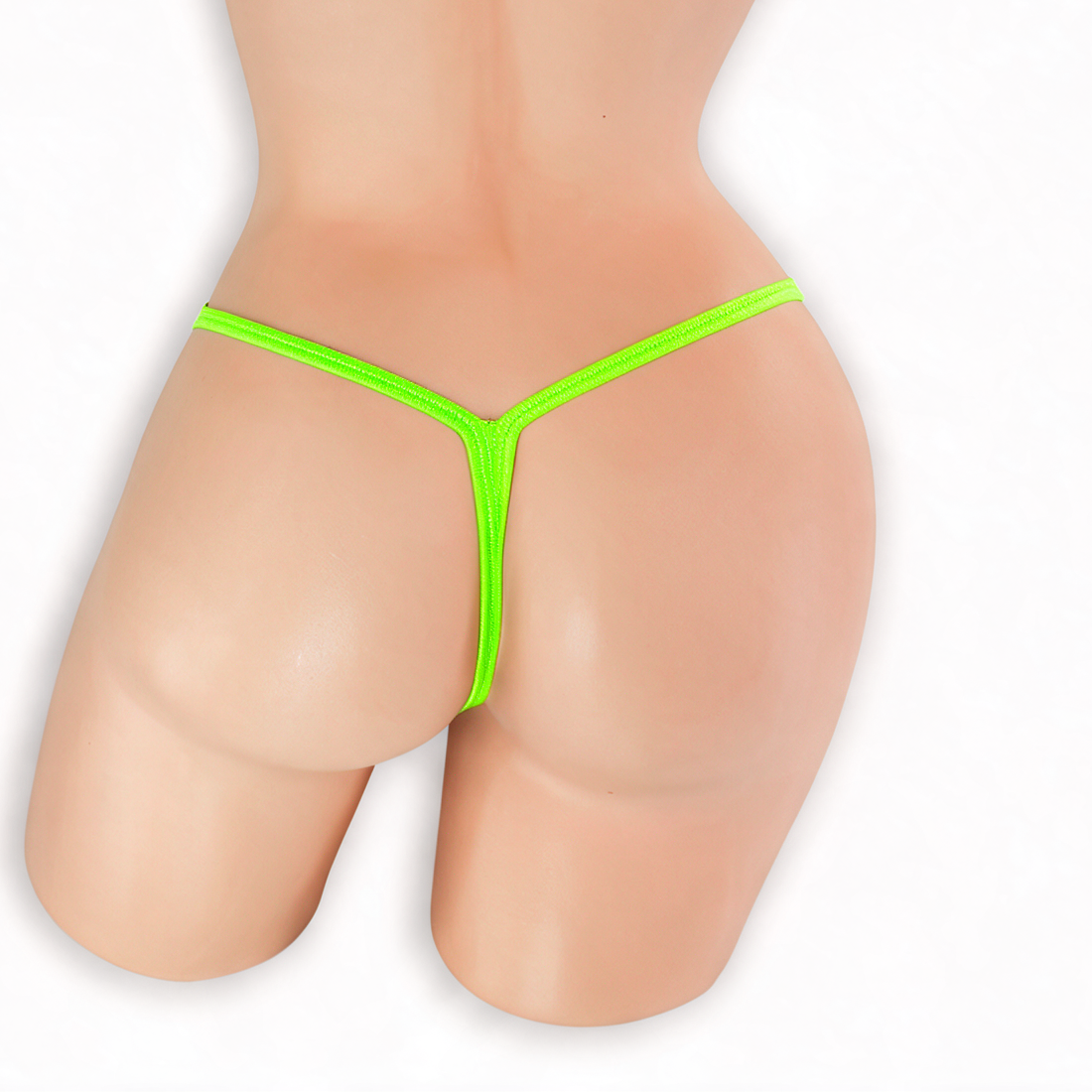 Peridot neon green double clip low rise v-back thong on mannequin, back view, Golddiggers Boutique