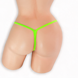 Peridot neon green double clip low rise v-back thong on mannequin, back view, Golddiggers Boutique
