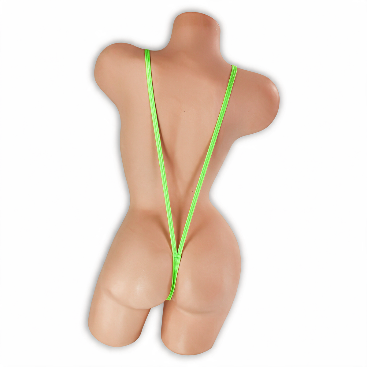 Peridot (Neon Green) Elektra V Slingshot Bodysuit back view on mannequin, two thin straps into a G-string back