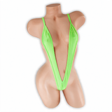 Peridot (Neon Green) Elektra V Slingshot Bodysuit front view on mannequin, deep V straps over the chest