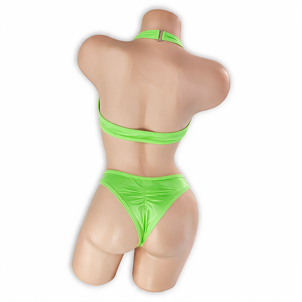 Peridot neon green Esmeralda asymmetrical O-ring halter bodysuit, back, Golddiggers Boutique