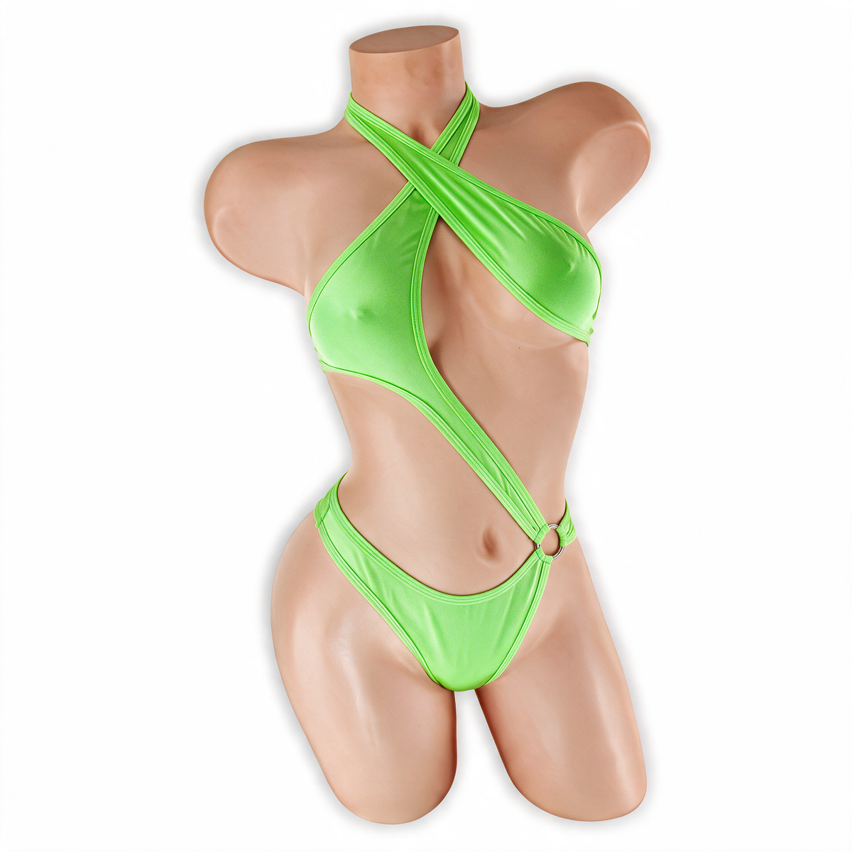 Peridot neon green Esmeralda asymmetrical O-ring halter bodysuit, front, Golddiggers Boutique