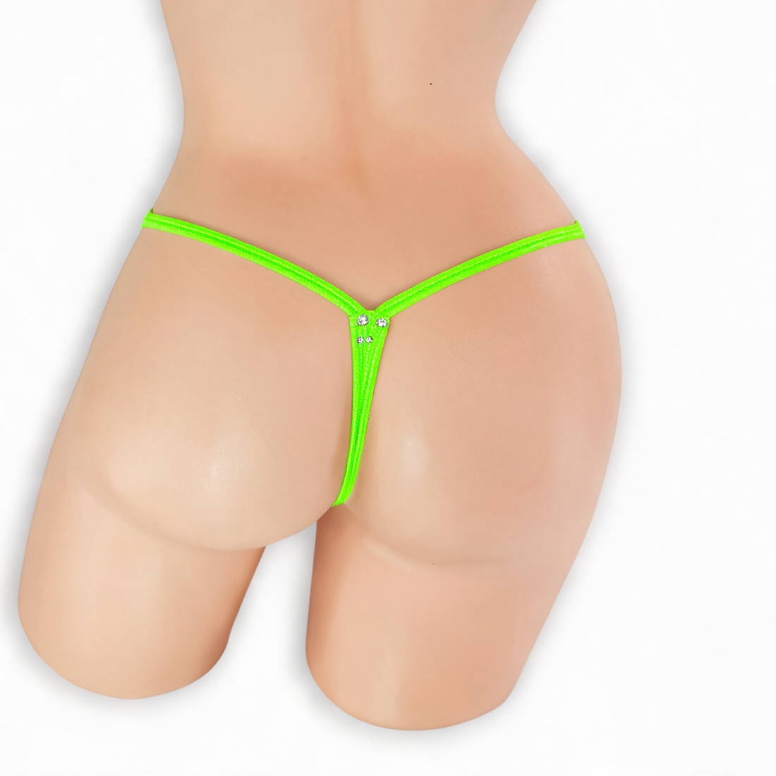 Peridot neon green fairy dust v-front g-string on mannequin, back view, Golddiggers Boutique