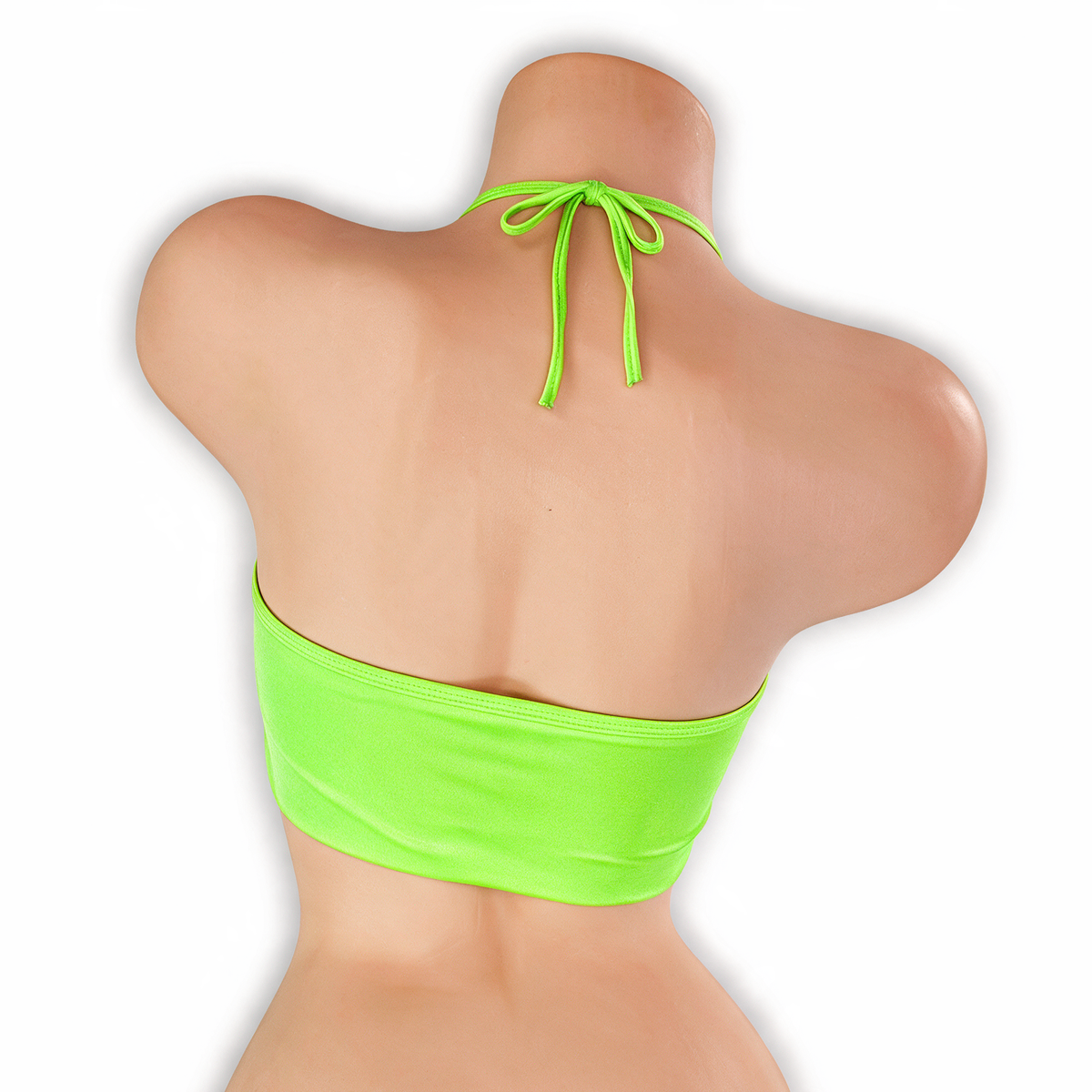 Peridot neon green flowy o-ring top on mannequin, back view, Golddiggers Boutique