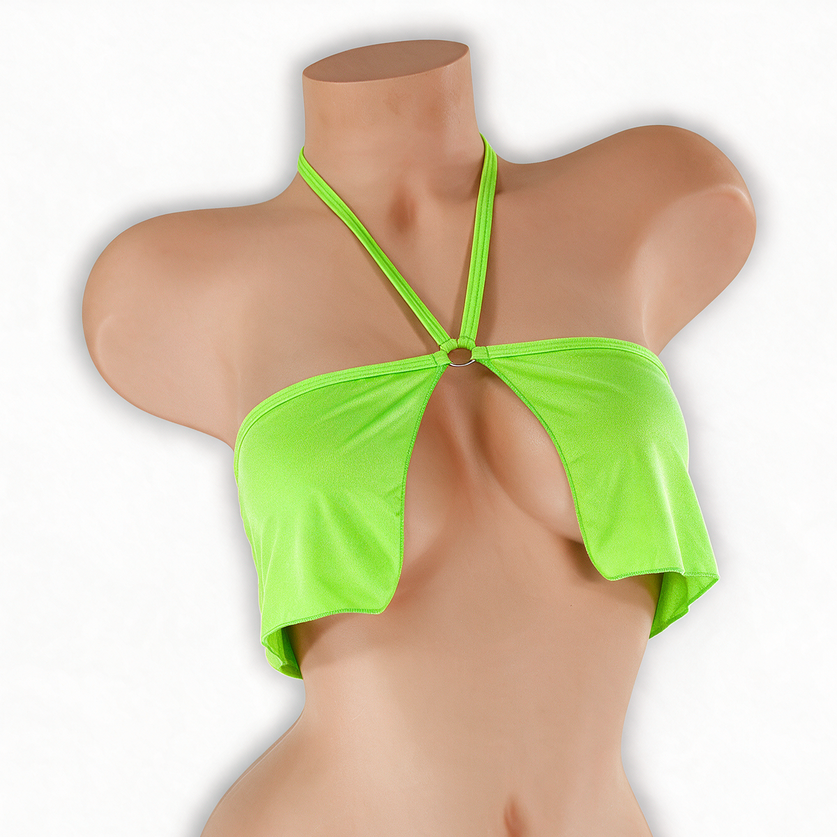 Peridot neon green flowy o-ring top on mannequin, front view, Golddiggers Boutique