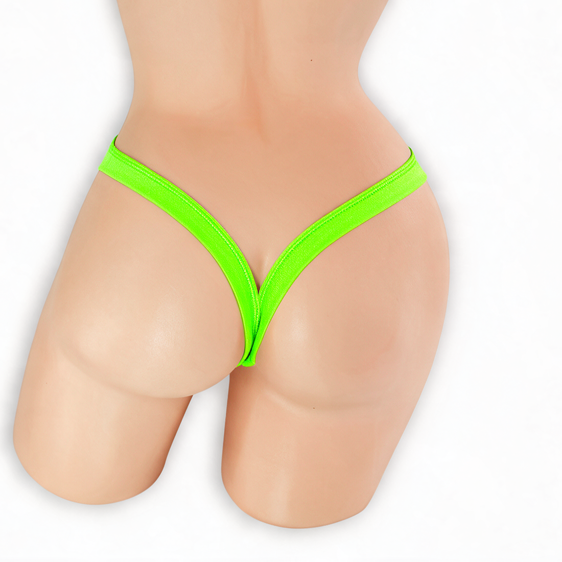Peridot neon green heart v-back thong on mannequin, back view, Golddiggers Boutique