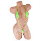 Peridot (Neon Green) Kali Teeny Weeny Slingshot Bodysuit front view on mannequin, tiny scrunched cups and micro pouch