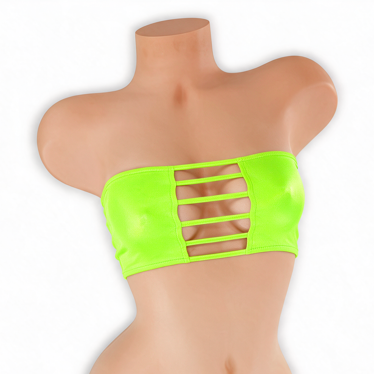 Peridot neon green ladder cutout bandeau top on mannequin, front view, Golddiggers Boutique