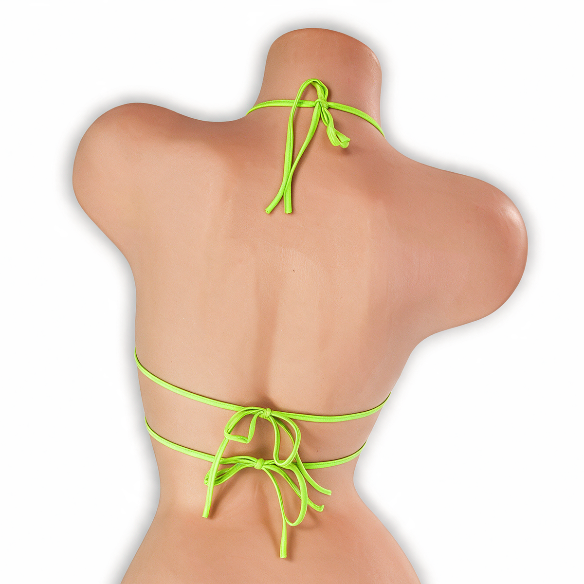 Peridot neon green micro strappy tri top with O-ring on mannequin, back view, Golddiggers Boutique