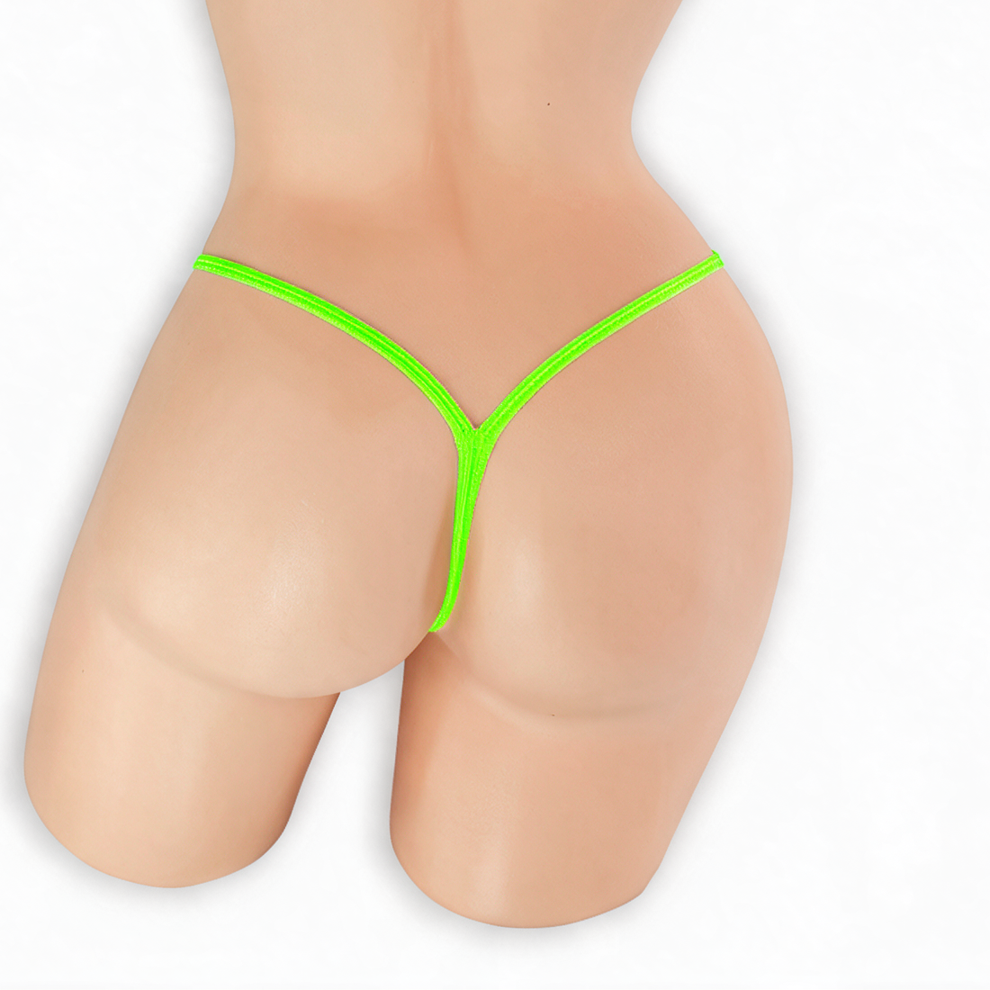 Peridot neon green mini v-back thong on mannequin, back view, Golddiggers Boutique