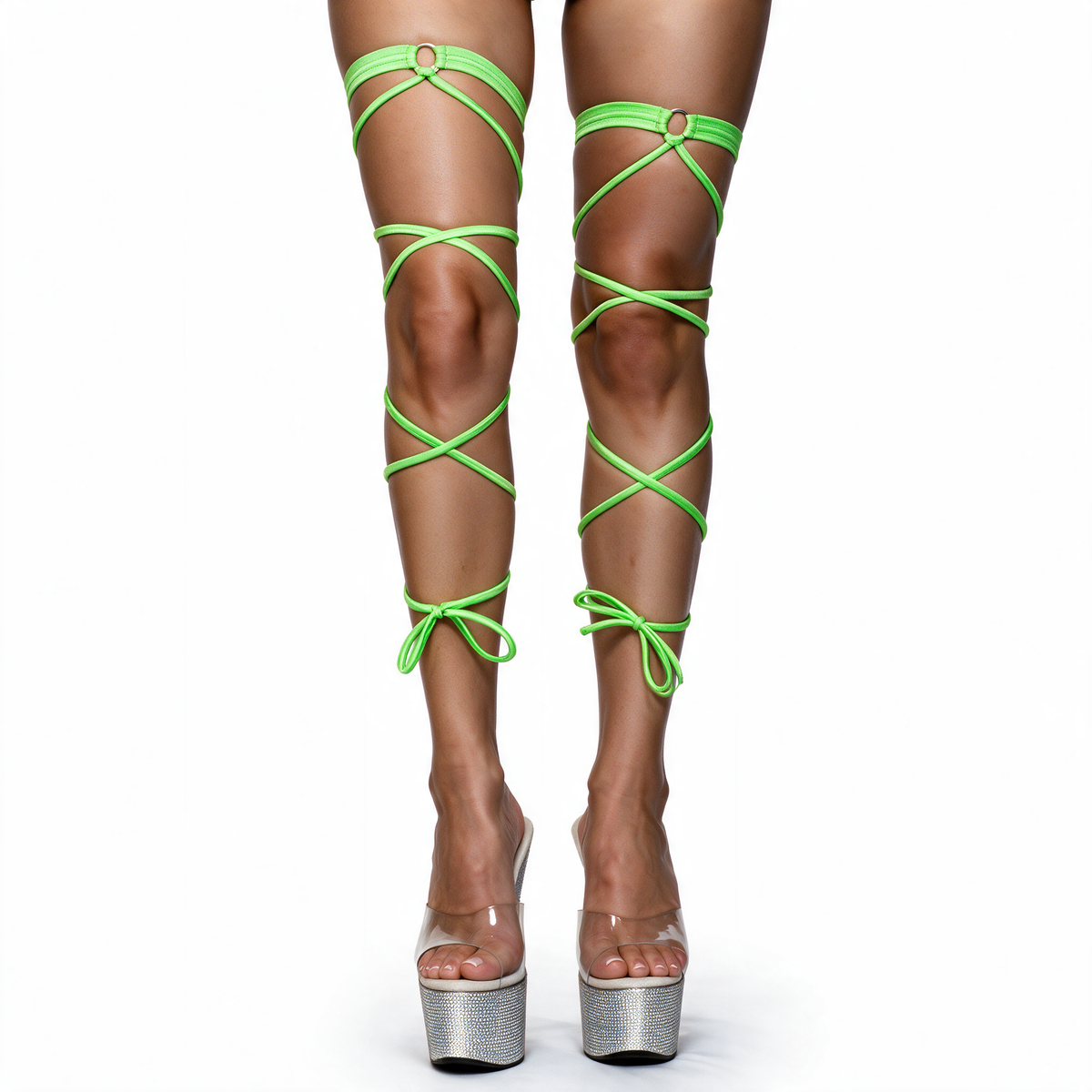 Peridot neon green o-ring leg wraps with tip garter, Golddiggers Boutique