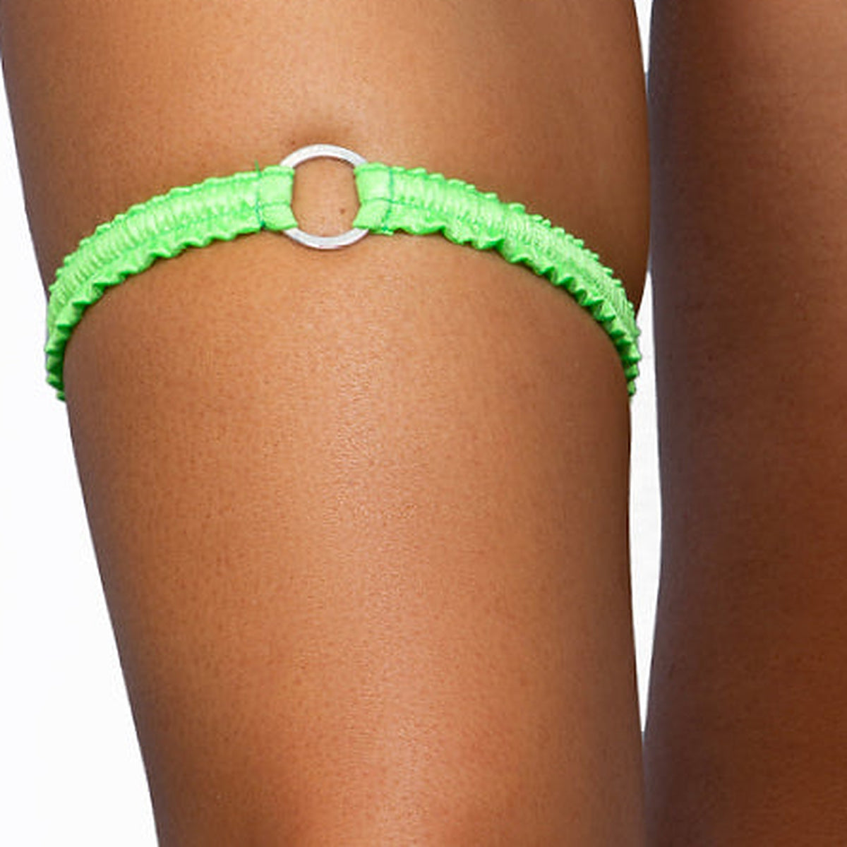 Peridot neon green o-ring ruched tip garter worn on the thigh, Golddiggers Boutique