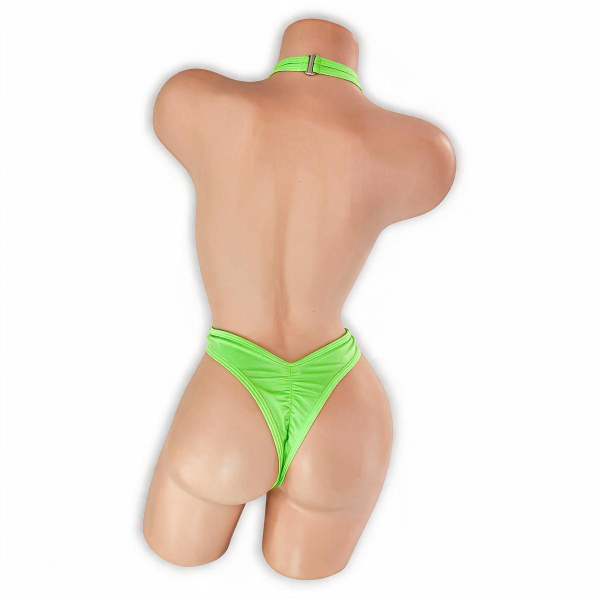 Peridot neon green Savannah criss cross halter thong bodysuit, back, Golddiggers Boutique