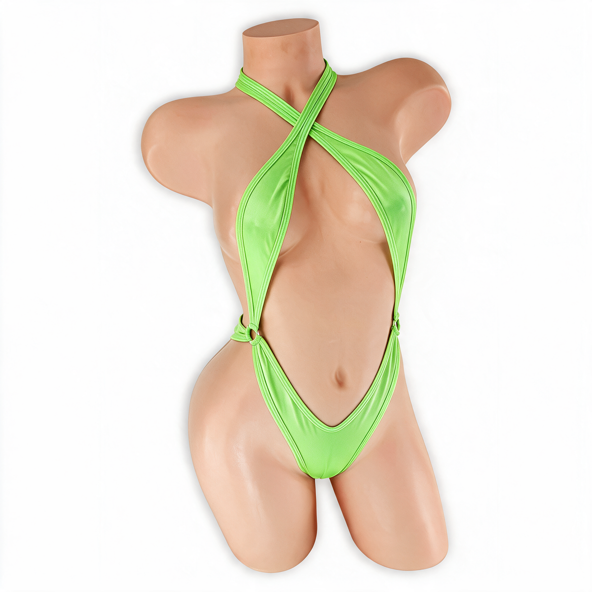 Peridot neon green Savannah criss cross halter thong bodysuit, front, Golddiggers Boutique