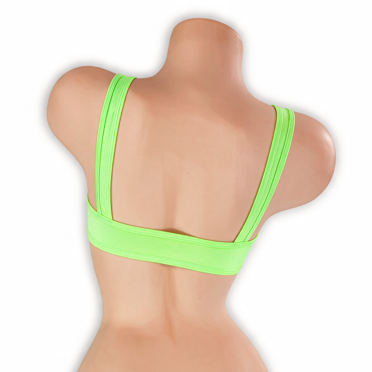 Peridot neon green sleek underboob top on mannequin, back view, Golddiggers Boutique