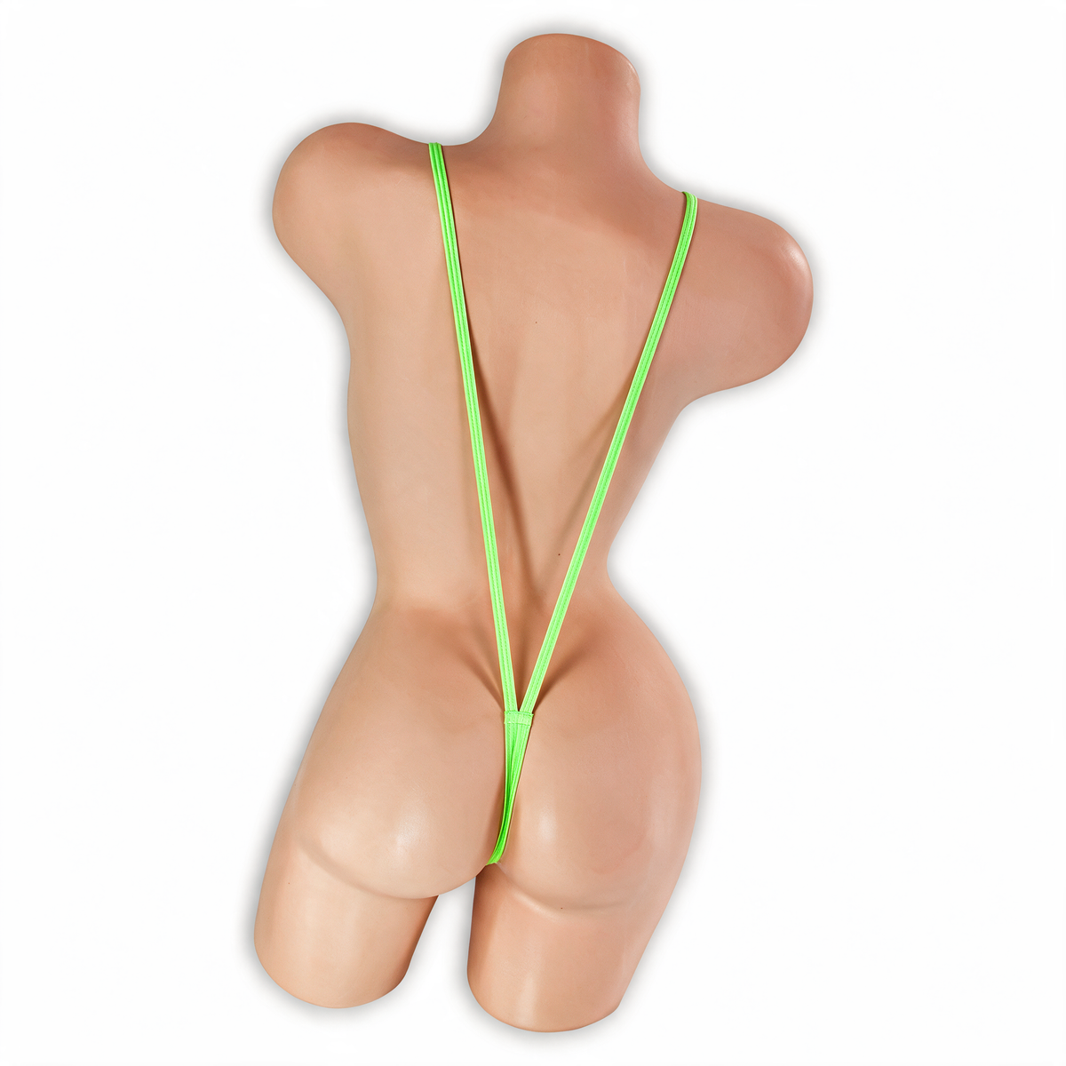 Peridot neon green suspender slingshot thong on mannequin, back view, Golddiggers Boutique