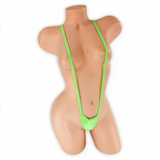 Peridot neon green suspender slingshot thong on mannequin, front view, Golddiggers Boutique