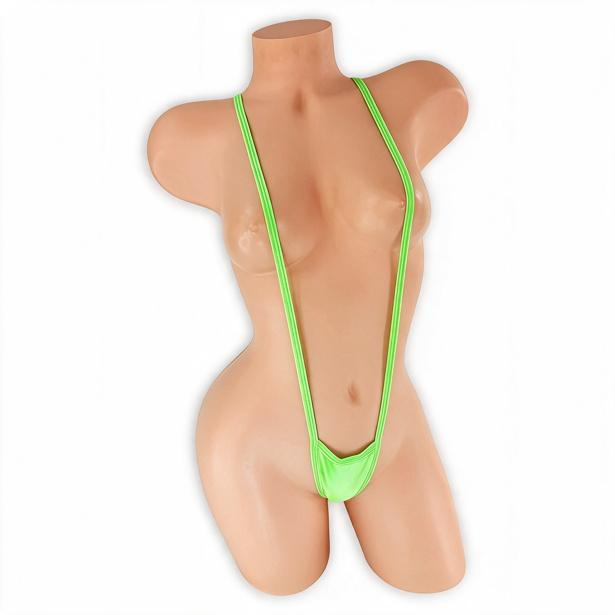 Peridot neon green suspender slingshot thong on mannequin, front view, Golddiggers Boutique