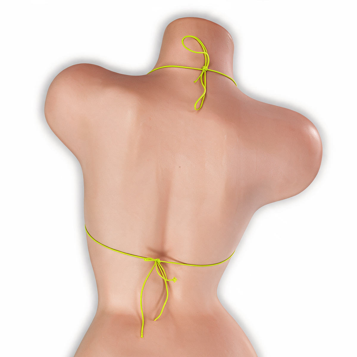 Peridot neon green elastic string tri top on mannequin, back view, Golddiggers Boutique