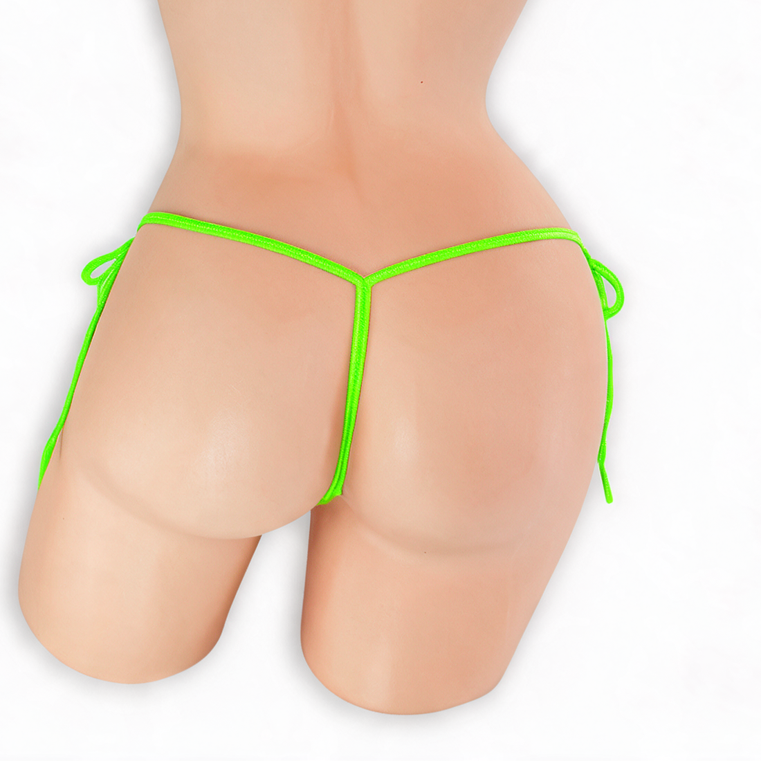 Peridot neon green tie side g-string on mannequin, back view, Golddiggers Boutique
