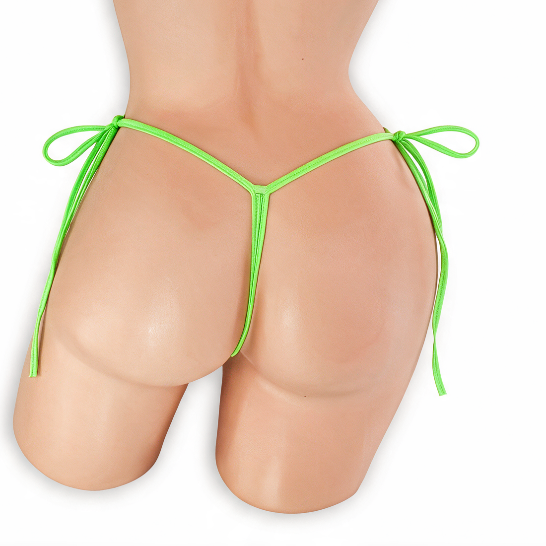 Peridot neon green tie side t-back thong on mannequin, back view, Golddiggers Boutique