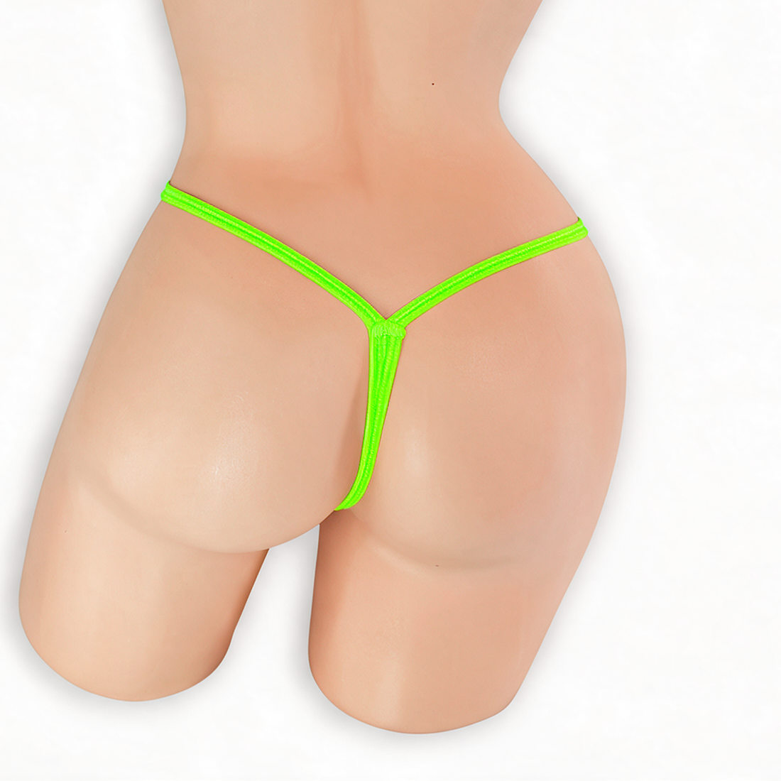 Peridot neon green wide strap low rise v-back thong on mannequin, back view, Golddiggers Boutique