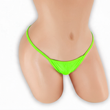 Peridot neon green wide strap low rise v-back thong on mannequin, front view, Golddiggers Boutique