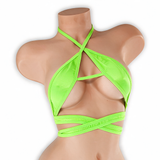 Peridot neon green wrap around strappy top on mannequin, front view, Golddiggers Boutique