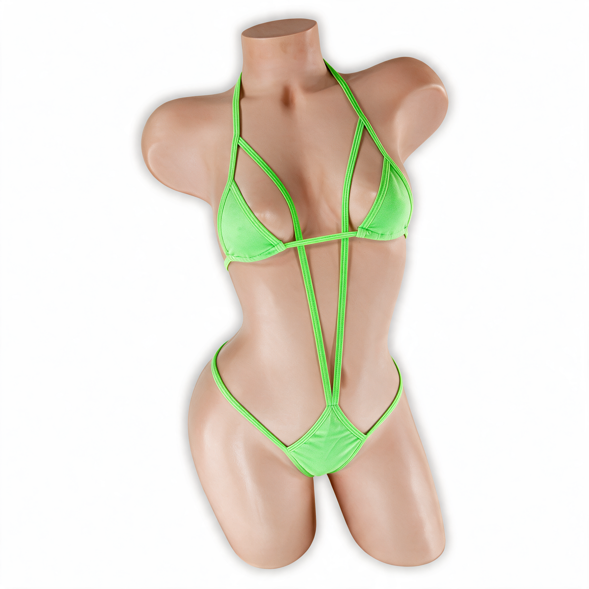 Peridot neon green Zaria micro triangle slingshot bodysuit, front, Golddiggers Boutique