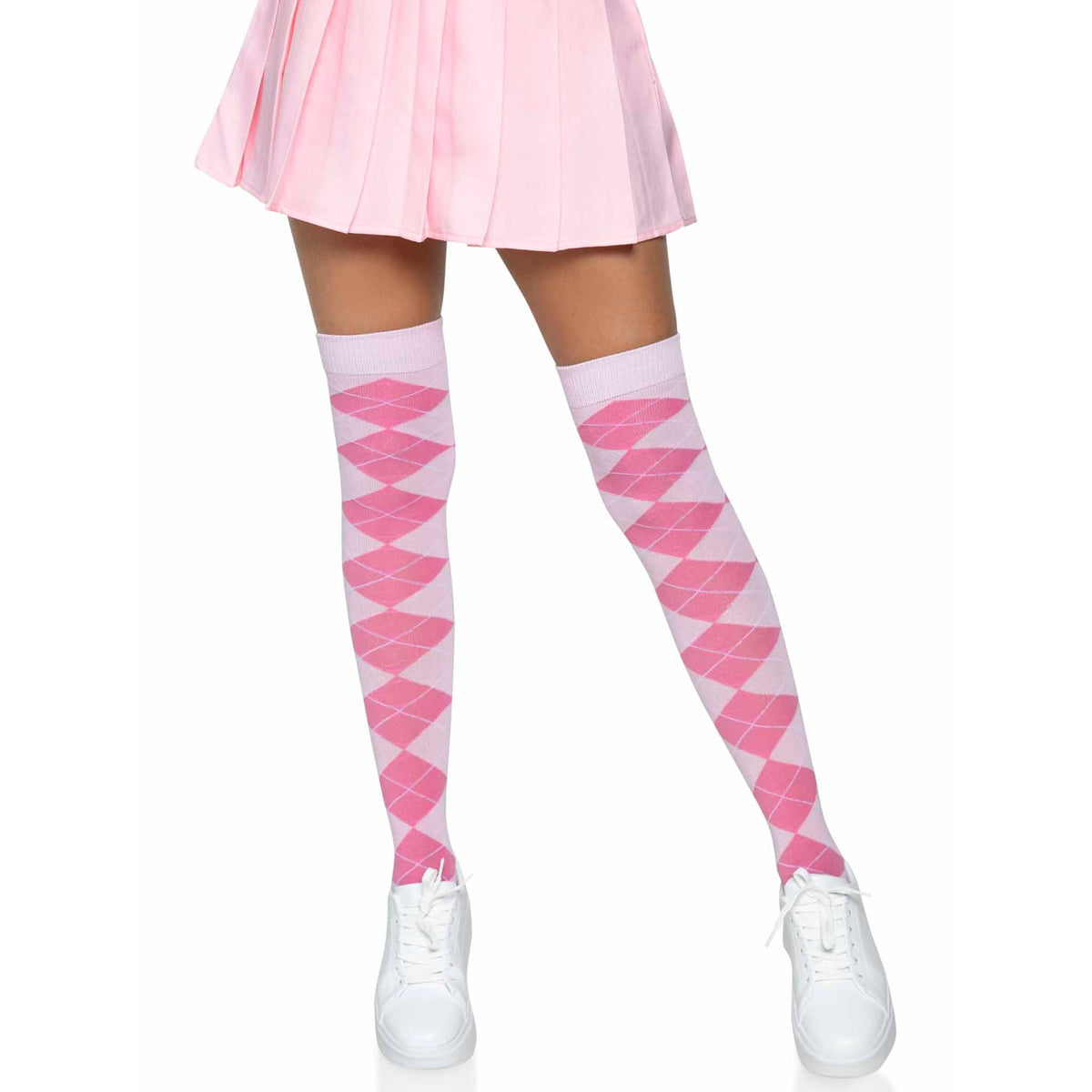 Front view of pink argyle knit over the knee socks - Golddiggers Boutique