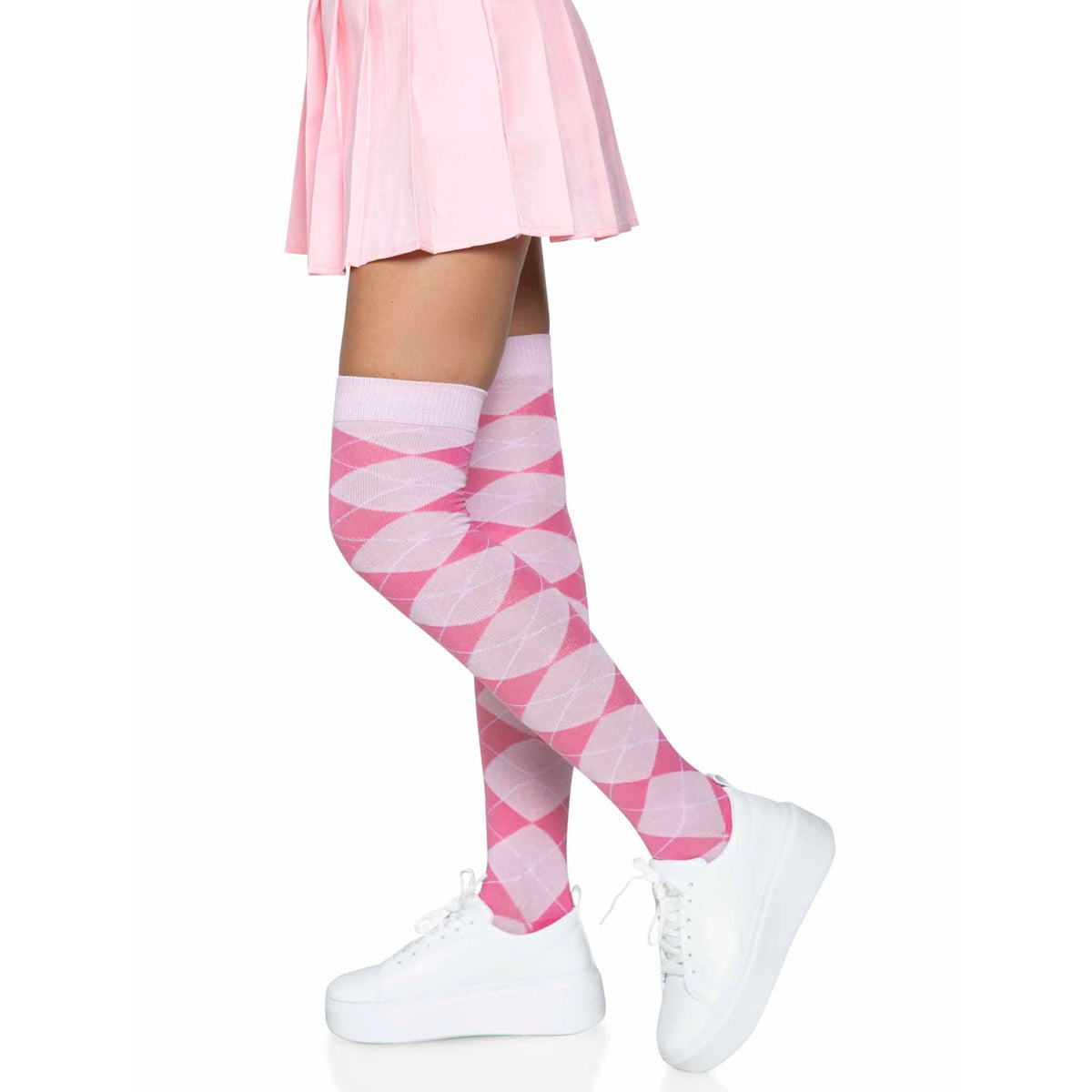 Side view of pink argyle knit over the knee socks - Golddiggers Boutique
