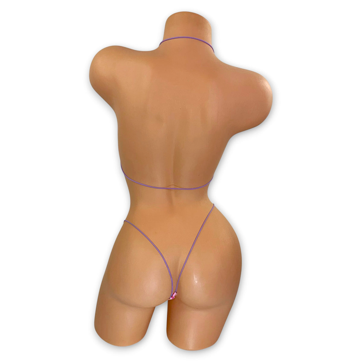 Pink birthday cupcake print micro 'kini with lilac strings on mannequin, back view - Golddiggers Boutique