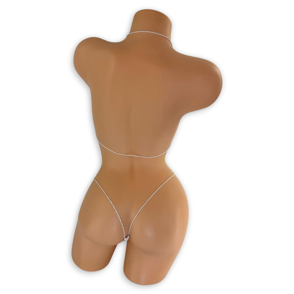 Pink champagne print micro 'kini on mannequin, back view showing g-string - Golddiggers Boutique