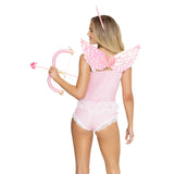 Close back view of pink cupid costume kit with heart headband, wings, bow and arrow - Golddiggers Boutique