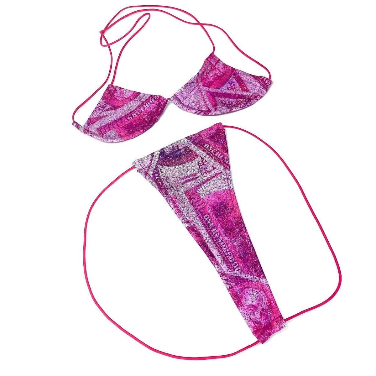 Hot pink holographic money print micro 'kini top and g-string on hot pink strings, flat lay on white - Golddiggers Boutique