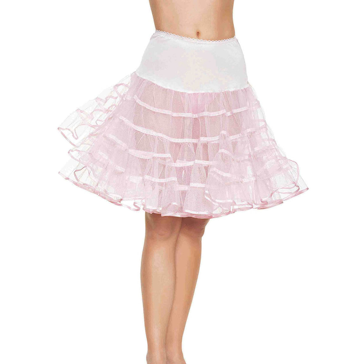 Close-up front view of pink knee length ruffle petticoat - Golddiggers Boutique