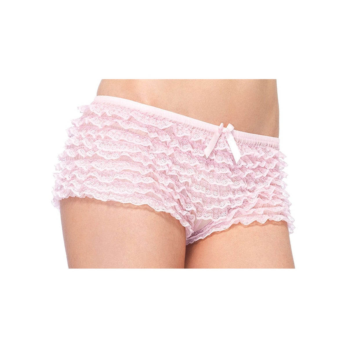 Close-up front view of pink lace ruffle tanga shorts