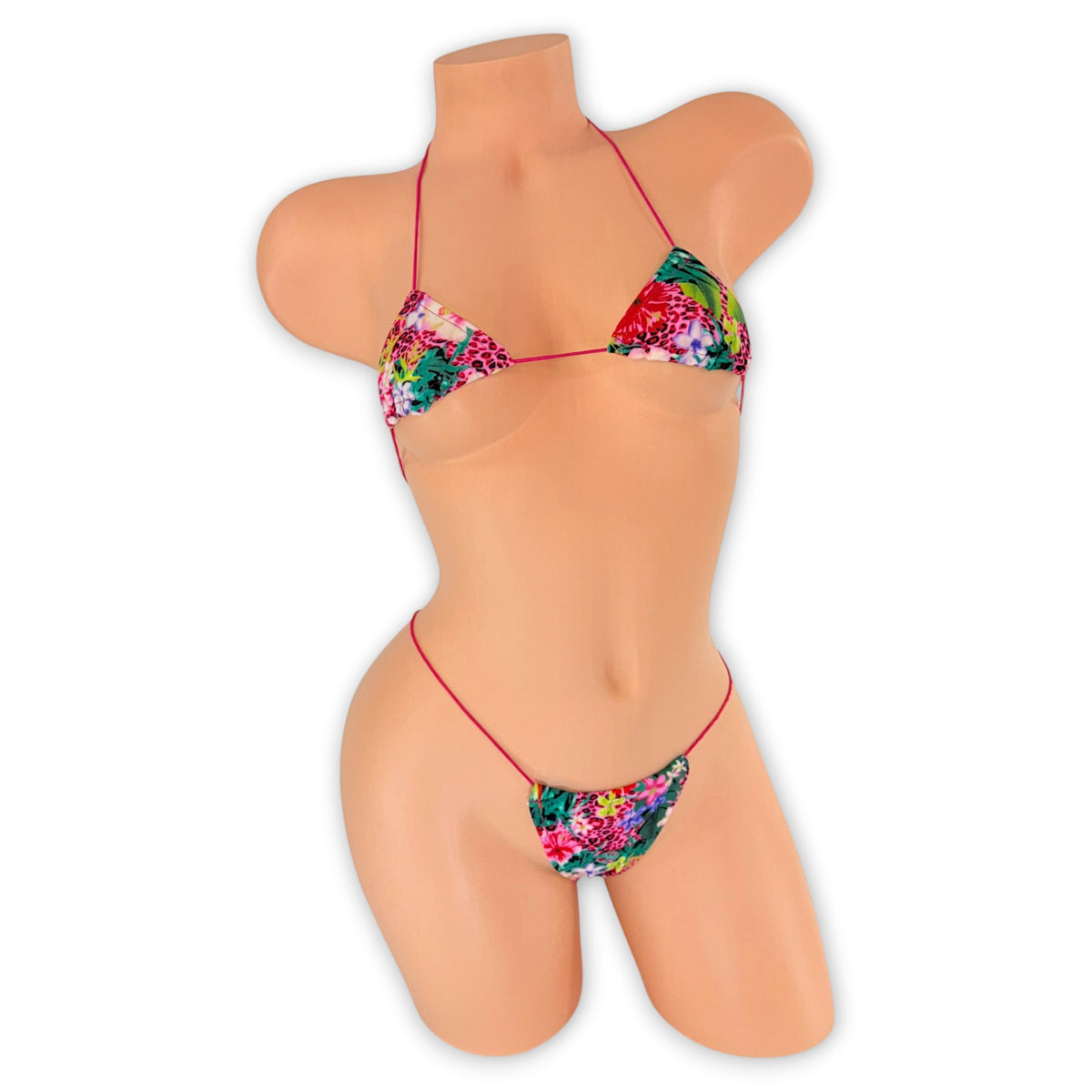 Front view of Pink Leopard Tropical micro 'kini on mannequin, pink leopard floral print triangle top and g-string