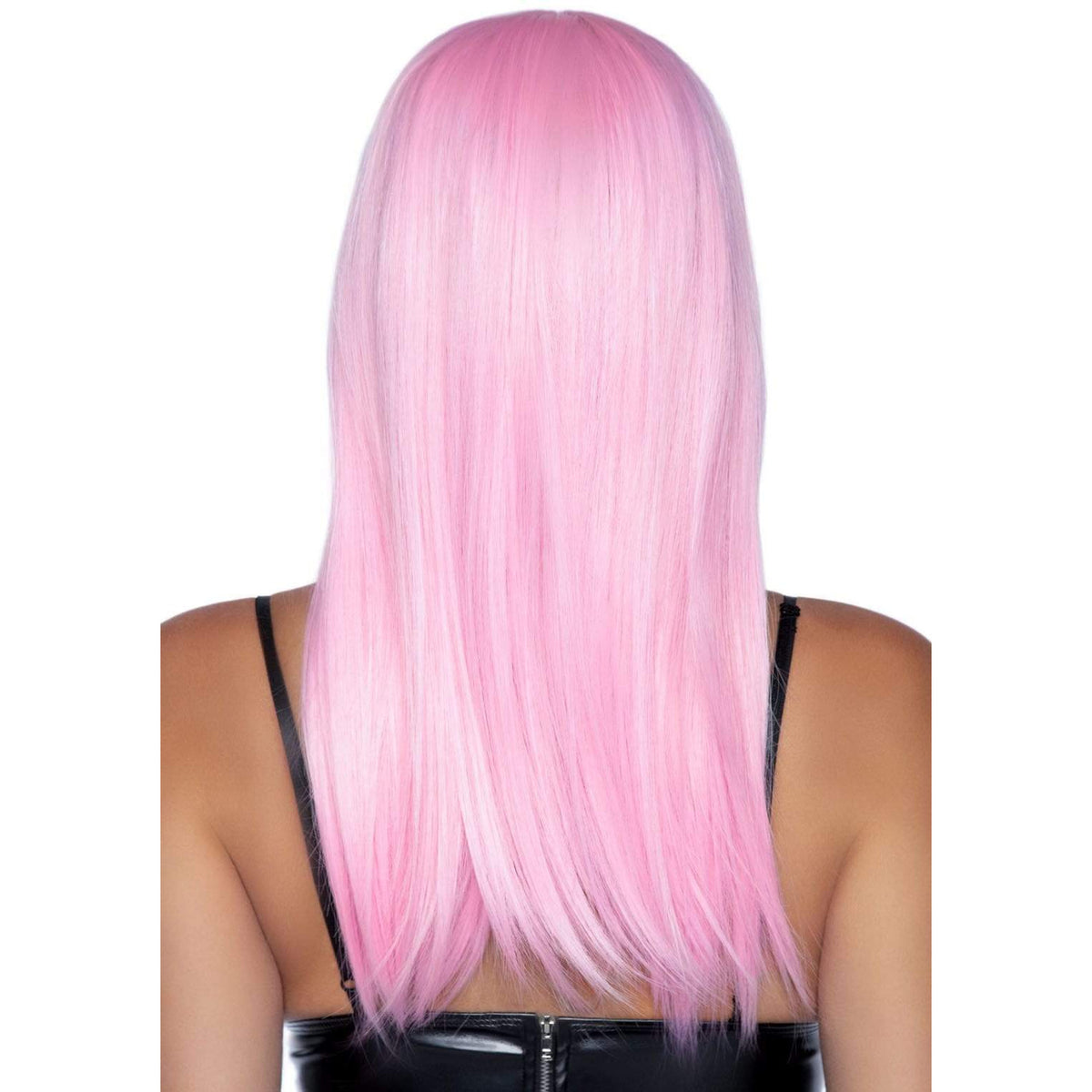 Close-up back view of pink long straight wig with bangs - Golddiggers Boutique