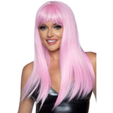 Close-up front view of pink long straight wig with bangs - Golddiggers Boutique